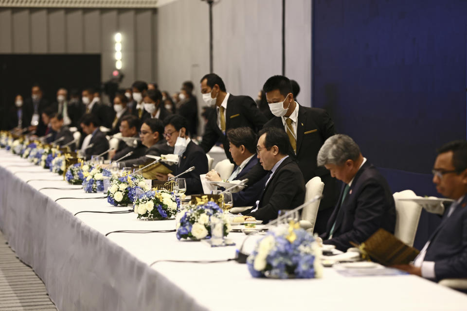 Food is served to delegates at a working lunch at the 33rd APEC Ministerial Meeting (AMM) during the Asia-Pacific Economic Cooperation (APEC) summit, Thursday, Nov. 17, 2022, in Bangkok, Thailand. (Jack Taylor/Pool Photo via AP)