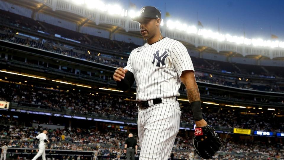 May 8, 2023; Bronx, New York, USA; New York Yankees left fielder Aaron Hicks (31) walks off the field after the top of the fifth inning against the Oakland Athletics at Yankee Stadium.