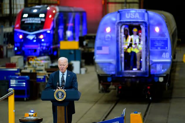 President Joe Biden speaks at the Amtrak Bear Maintenance Facility on Monday in Bear, Delaware.