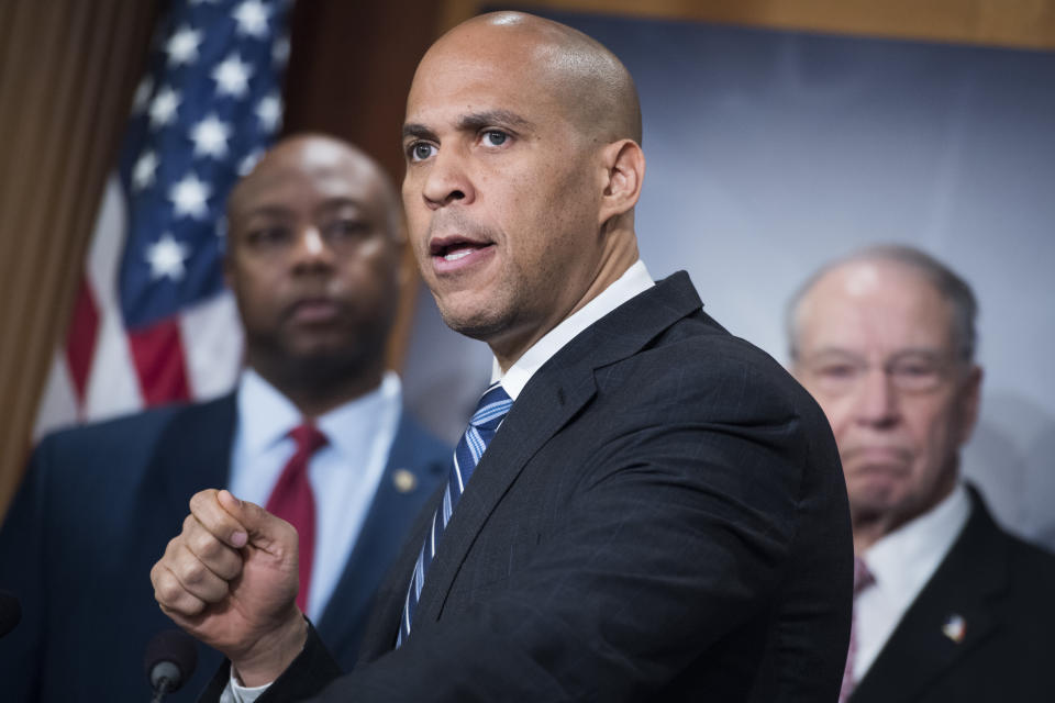 Sen. Cory Booker speaks at a press conference in the Capitol in December 2018 on the passage of the First Step Act, a criminal justice reform bill. (Photo: Tom Williams via Getty Images)