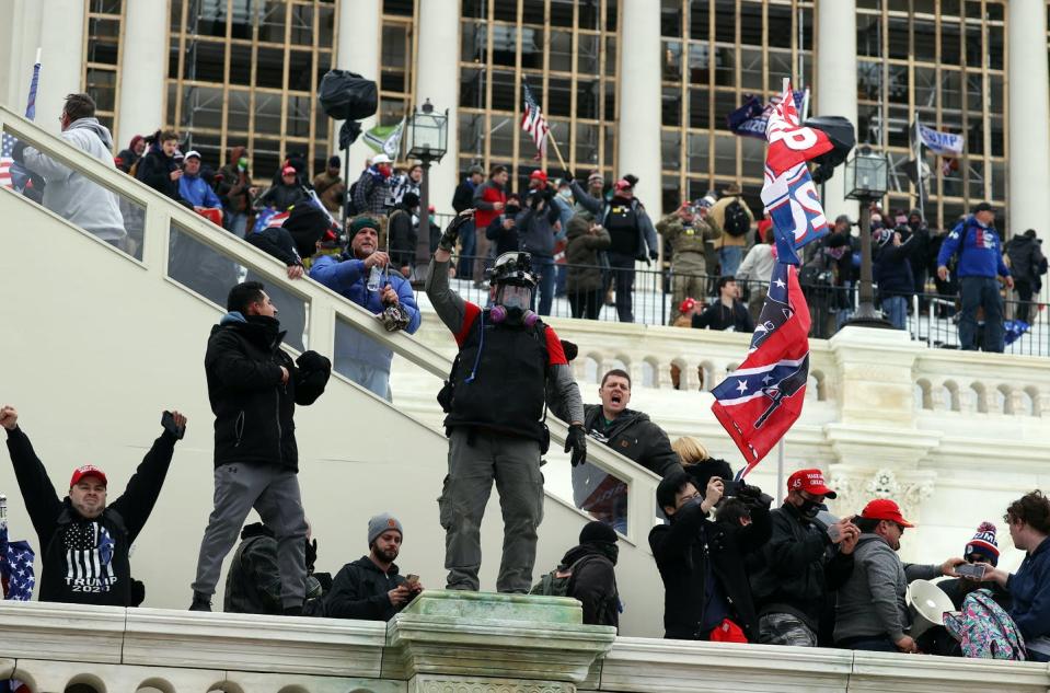 <span class="caption">Rioters stormed the U.S. Capitol Jan. 6, but that may not be their last violent move.</span> <span class="attribution"><a class="link " href="https://www.gettyimages.com/detail/news-photo/protesters-gather-outside-the-u-s-capitol-building-on-news-photo/1294933486" rel="nofollow noopener" target="_blank" data-ylk="slk:Tasos Katopodis/Getty Images;elm:context_link;itc:0;sec:content-canvas">Tasos Katopodis/Getty Images</a></span>