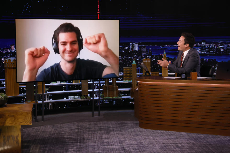 THE TONIGHT SHOW STARRING JIMMY FALLON -- Episode 1513 -- Pictured: (l-r) Actor Andrew Garfield during an interview with host Jimmy Fallon on Monday, September 13, 2021 -- (Photo By: Alex Hooks/NBC/NBCU Photo Bank via Getty Images)