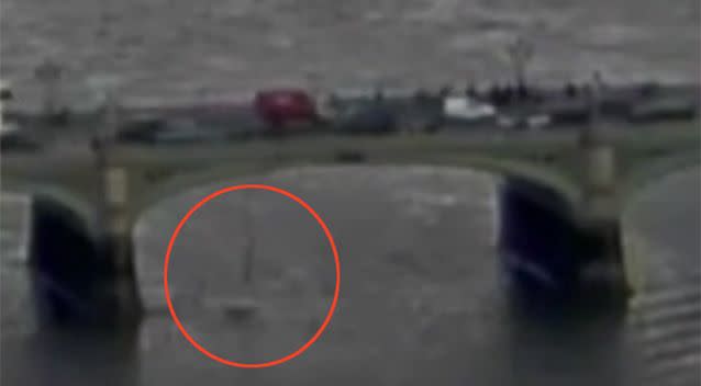 The woman seen flying off the bridge. Photo: BBC