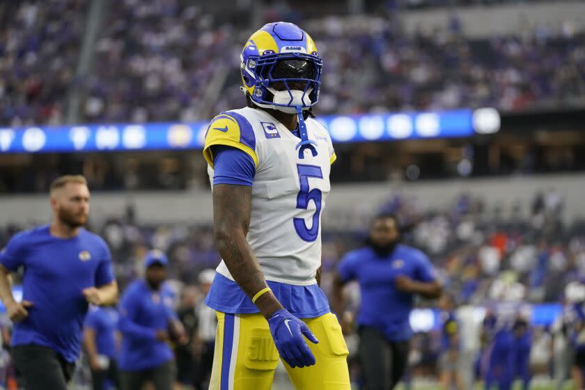 Rams cornerback Jalen Ramsey walks on the field during a game against the Buffalo Bills on Sept. 8, 2022.