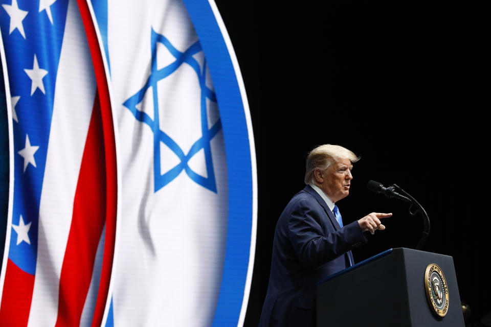 President Donald Trump speaks at the Israeli American Council National Summit in Hollywood, Fla., Saturday, Dec. 7, 2019. (AP Photo/Patrick Semansky)