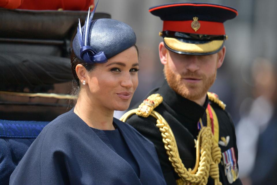 Duchess Meghan and Prince Harry return to Buckingham Palace after the Queen's Birthday Parade, 'Trooping the Colour', in London on June 8, 2019.