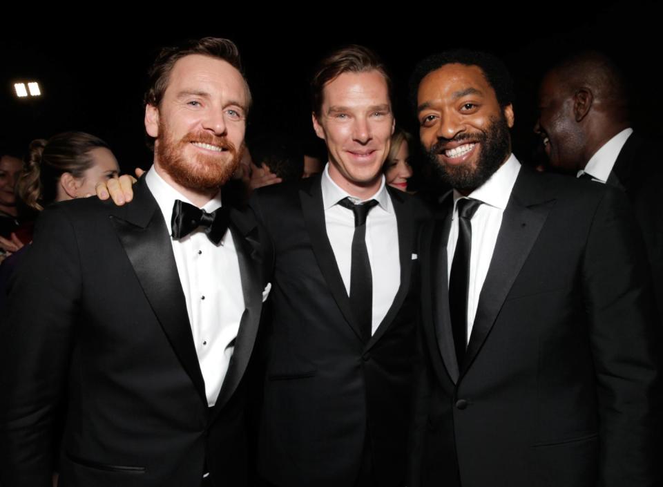 IMAGE DISTRIBUTED FOR FOX - From left, Michael Fassbender, Benedict Cumberbatch, and Steve McQueen winner of Best Motion Picture - Drama for '12 Years a Slave,' attend the FOX after party for the 71st Annual Golden Globes award show on Sunday, Jan. 12, 2014 in Beverly Hills, Calif. (Photo by Todd Williamson/Invision for FOX Broadcasting Company/AP Images)