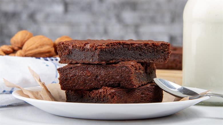 Stack of brownies on a plate