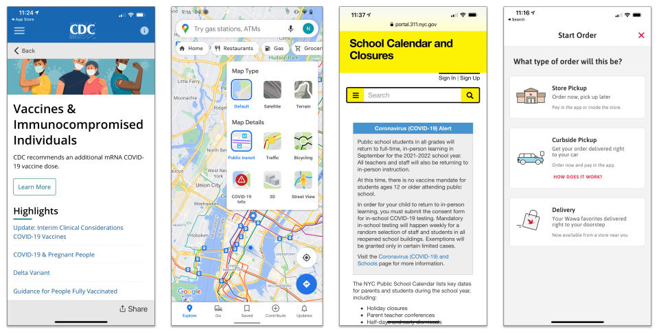 Carga tu celular con aplicaciones y herramientas para mantenerte informado, modificar tu trayecto al trabajo y reducir tu exposición a otras personas en tu regreso a la oficina o al salón de clases. (De izquierda a derecha: CDC; Google Maps; NYC.gov; Wawa vía The New York Times)