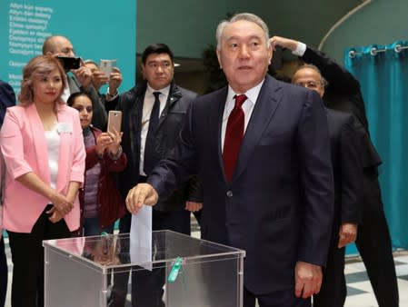 Kazakhstan's former president Nursultan Nazarbayev votes during presidential election in Nur-Sultan