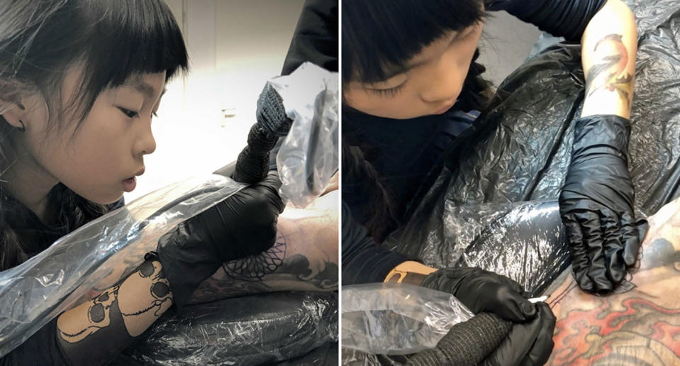 Noko Nishigaki, 9, is following in her father the footsteps of her father 'Gakkin', an infamous Japanese tattoo artist, by doing her own work. She started at age six. Source: Caters
