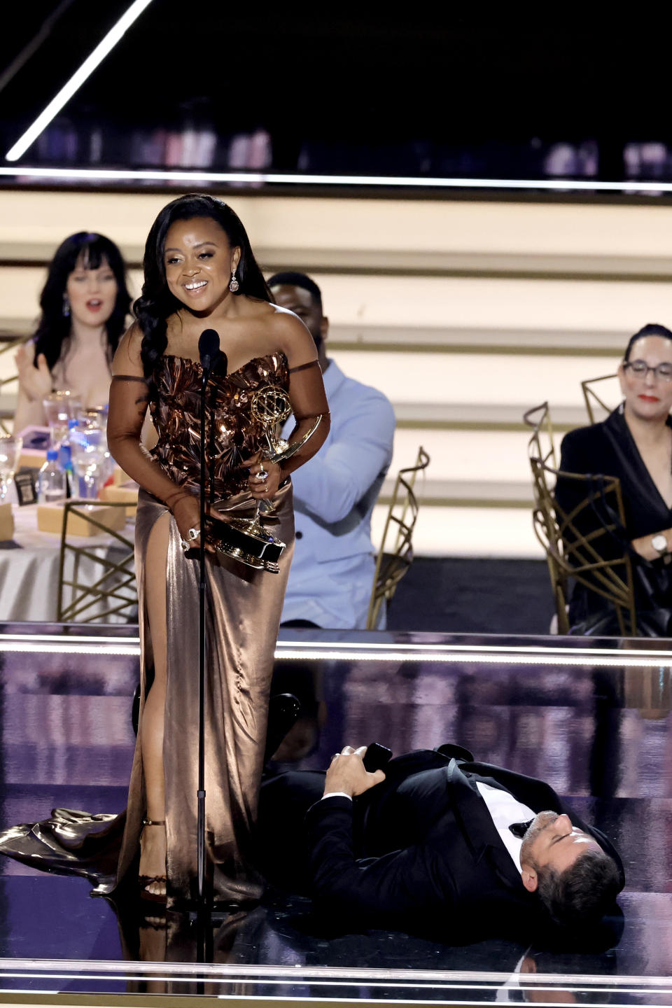 Jimmy Kimmel laying on the floor during Quinta Brunson's Emmys acceptance speech