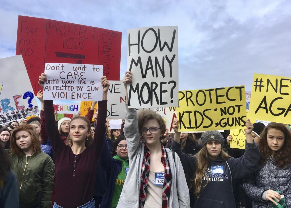 Students at a different high school in Washington take part in a protest against gun violence: AP Photo/Manuel Valdes