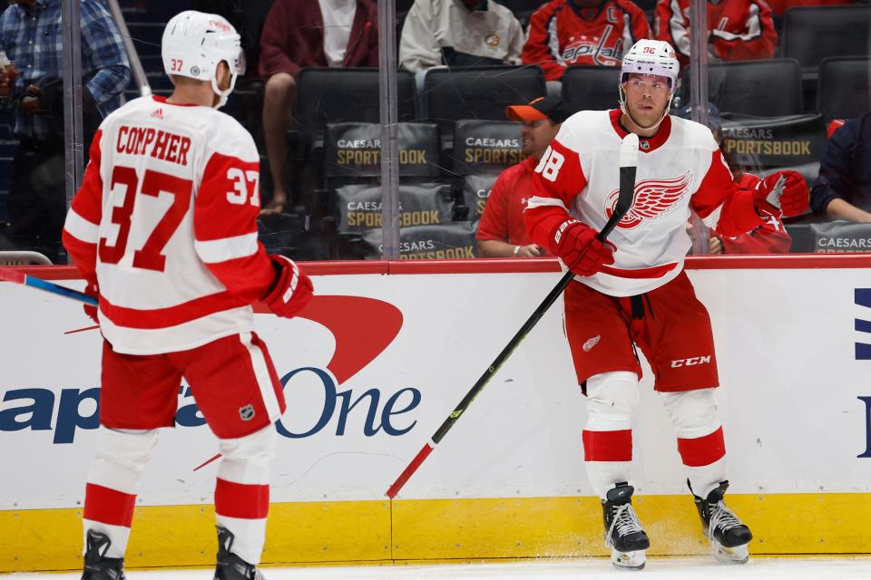 Sep 28, 2023; Washington, District of Columbia, USA; Detroit Red Wings right wing Daniel Sprong (88) celebrates after scoring a goal against the Washington Capitals in the second period at Capital One Arena.