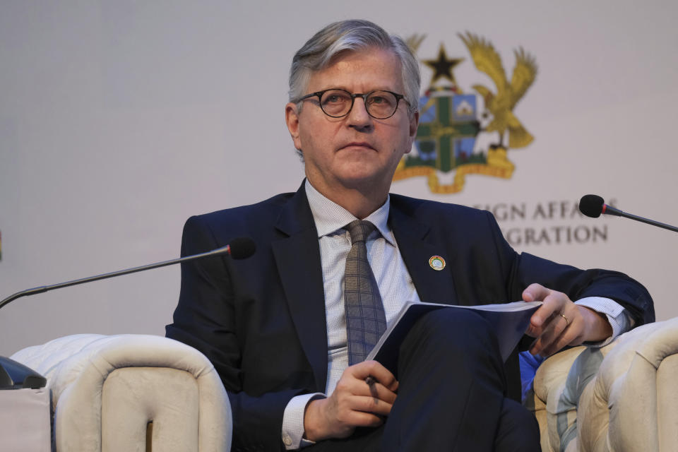 Jean-Pierre Lacroix, UN Under-Secretary General, Peace operations speaks at the UN Peacekeeping ministerial meeting at the Accra international conference center in Ghana, on Wednesday, Dec. 6, 2023. Lacroix said that The United Nations Peacekeeping efforts is under resourced as its $5.5 billion budget for worldwide operations is less than the New York Police Department's $6.1 billion budget, even though it has 30,000 more personnel. (AP Photo/Misper Apawu)