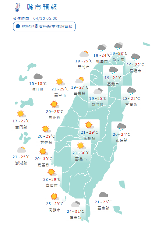 4/10全台縣市氣溫。中央氣象署