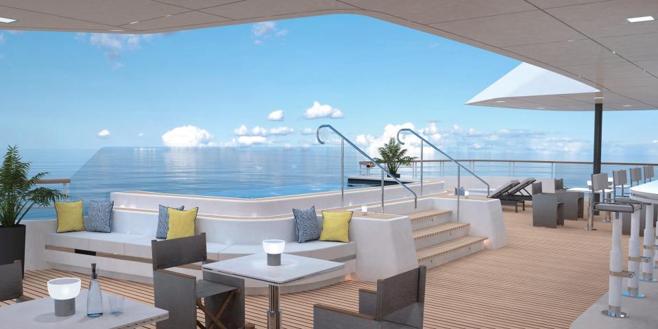 A rendering of the pool and outdoor deck on the Ritz-Carlton Evrima.