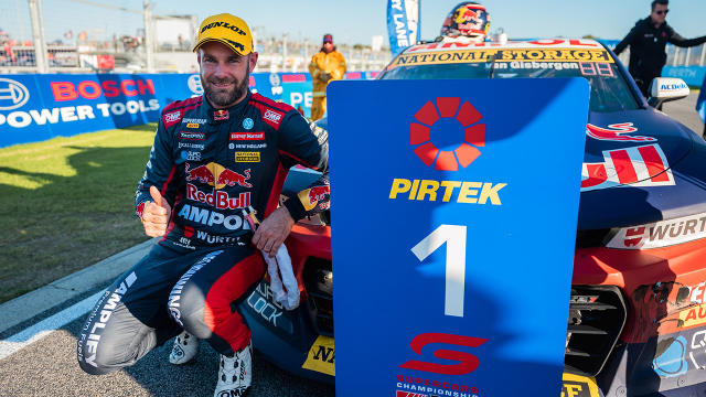 Shane van Gisbergen poses after winning the first race at the Perth Supersprint.