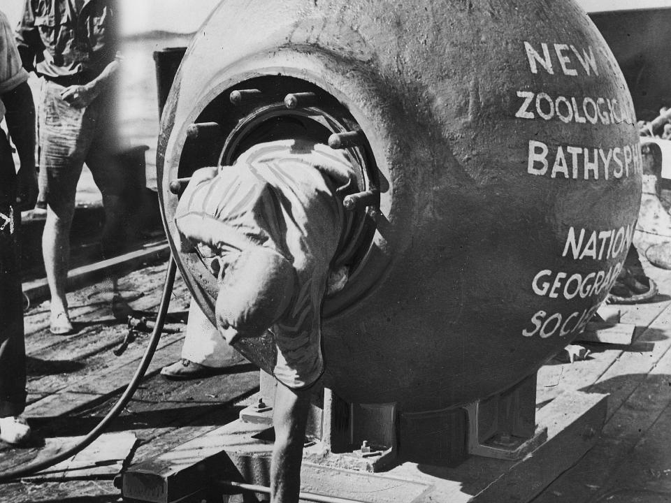 William Beebe climbs out of the bathysphere in 1934.