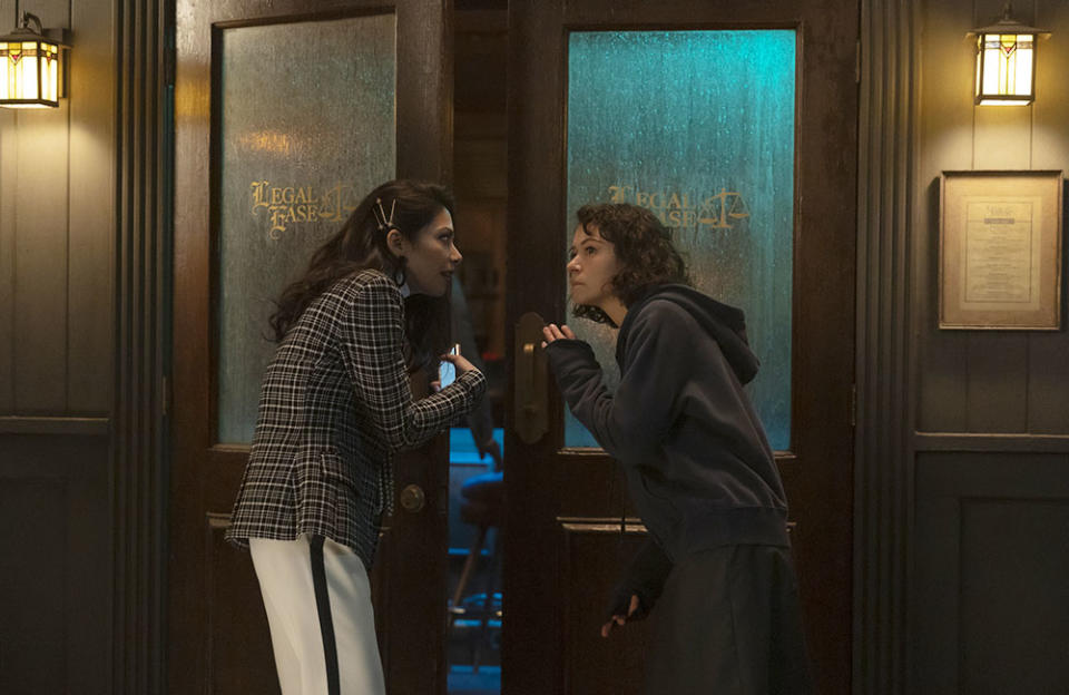 (L-R): Ginger Gonzaga as Nikki Ramos and Tatiana Maslany as She-Hulk/Jennifer "Jen" Walters in Marvel Studios' She-Hulk: Attorney At Law