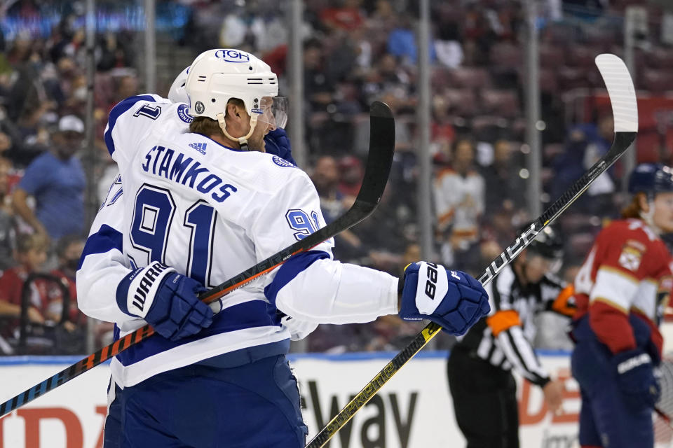 Tampa Bay Lightning center Steven Stamkos (91) celebrates after scoring a goal during the first period in Game 2 of an NHL hockey Stanley Cup first-round playoff series against the Florida Panthers, Tuesday, May 18, 2021, in Sunrise, Fla. (AP Photo/Lynne Sladky)