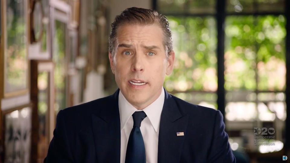 Hunter Biden speaks to viewers about his father Joe, during the Democratic National Convention at the Wisconsin Center, Thursday, Aug. 20, 2020.