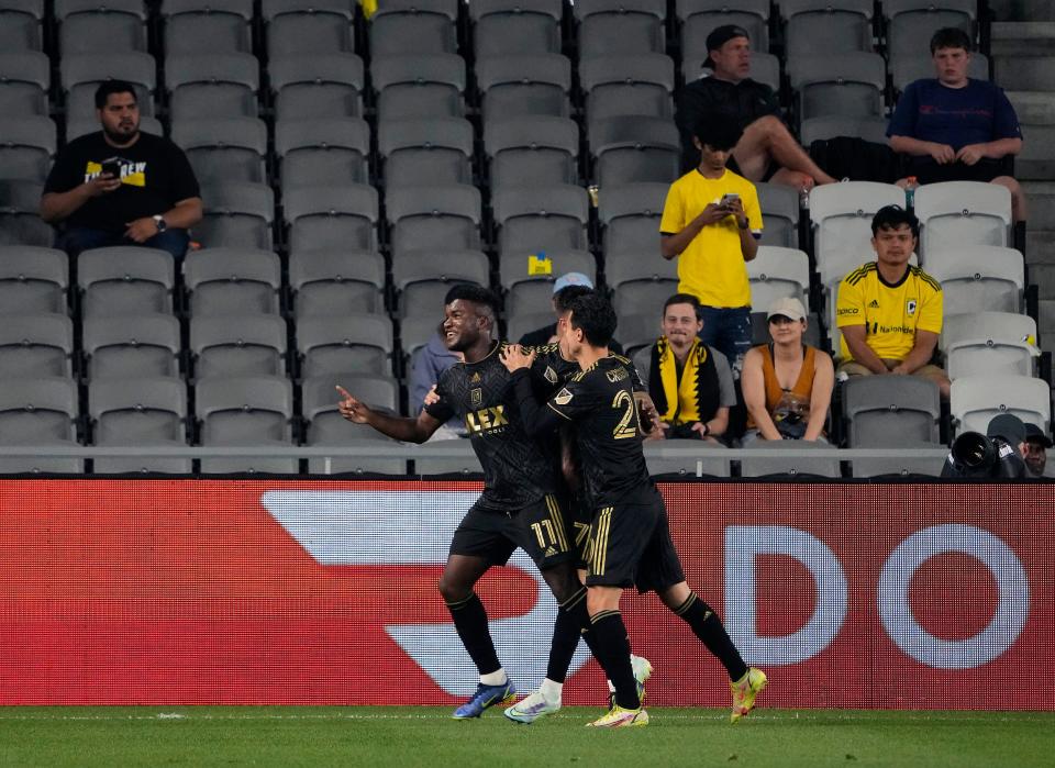 May 21, 2022; Columbus, Ohio, USA; Los Angeles FC midfielder Jose Cifuentes (11) celebrates his goal during the 2nd half of the MLS game between the Columbus Crew and Los Angeles FC at Lower.com Field in Columbus, Ohio on May 21, 2022.