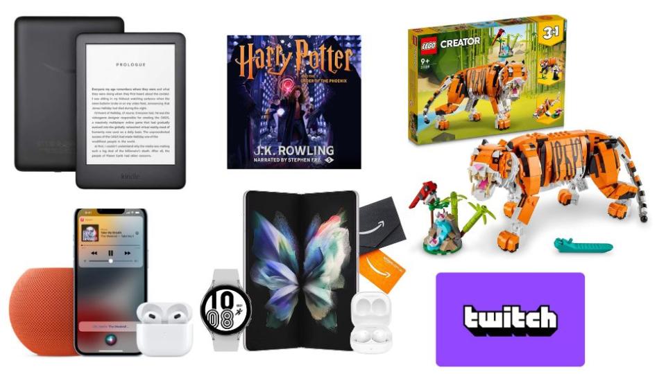 Amazon Prime Day sale products including kindles, mobile phones, smart watches, lego tiger sets, twitch and earbuds and tablets and Harry Potter merchandise