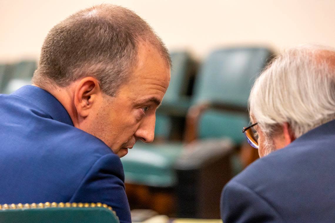 Idaho Deputy Attorney General Jeff Nye, left, consults with Latah County Prosecutor Bill Thompson during a pretrial hearing for Bryan Kohberger in August 2023 at the Latah County Courthouse in Moscow.