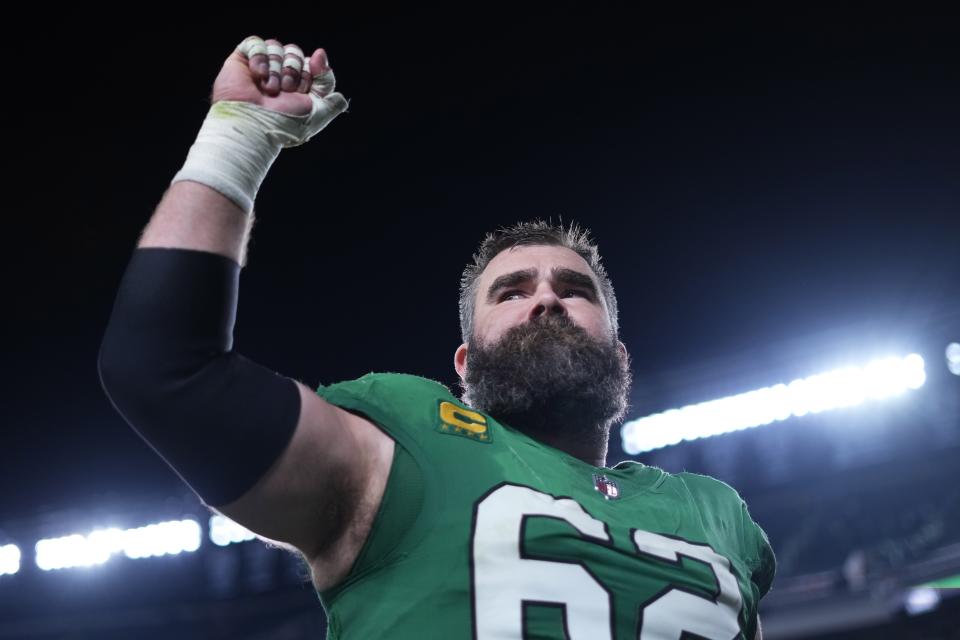 Philadelphia Eagles center Jason Kelce (62) gestures as he leaves the field after an NFL football game against the Miami Dolphins on Sunday, Oct. 22, 2023, in Philadelphia. (AP Photo/Matt Rourke)