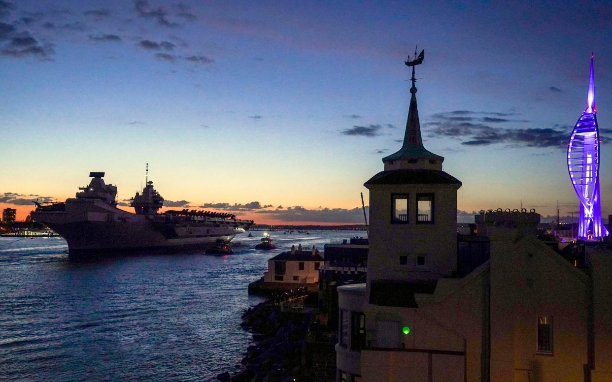 HMS Queen Elizabeth departs HM Naval Base, Portsmouth, for her maiden deployment to lead the UK Carrier Strike Group on a 28-week operational deployment travelling over 26,000 nautical miles. May 22, 2021. - Steve Parsons/PA Wire