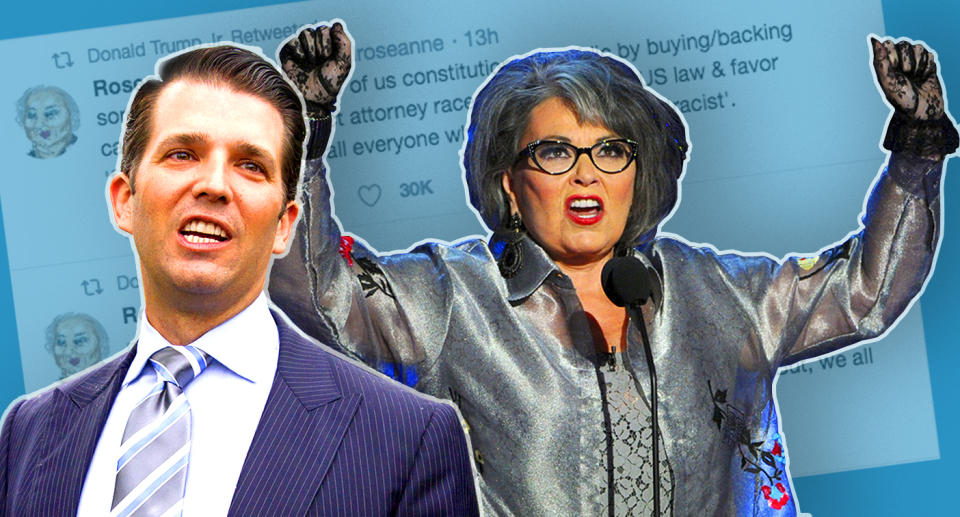 Donald Trump Jr., Roseanne Barr (Photo illustration: Yahoo News; photos: Carolyn Kaster/AP, Kevin Winter/Getty Images)