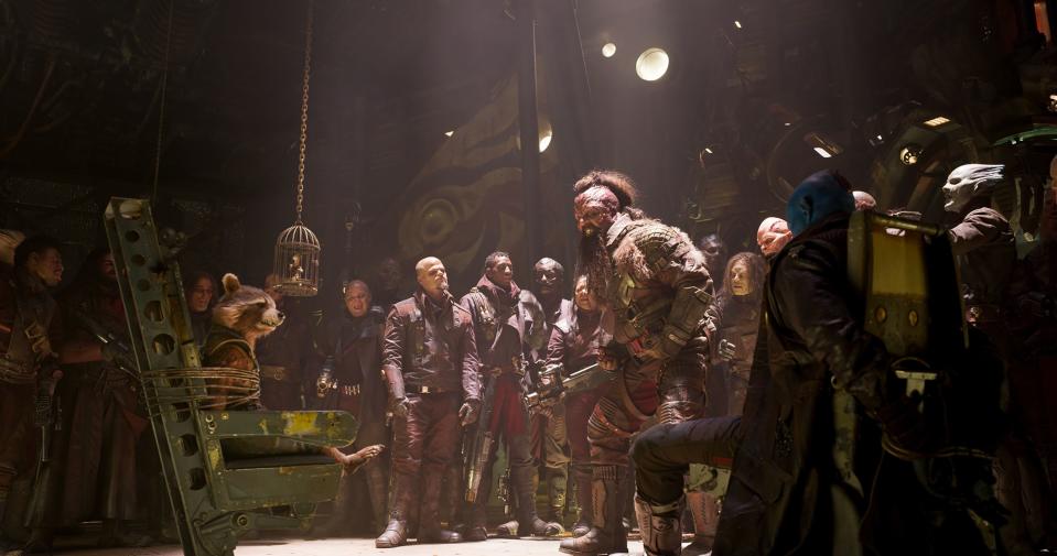 Taserface (Chris Sullivan, center right) and the Ravagers take Rocket and Groot prisoner in "Guardians of the Galaxy Vol. 2."