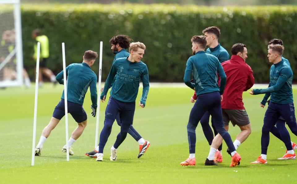 Fitness boost: Martin Odegaard trained ahead of Arsenal’s Champions League trip to Bayern Munich (Adam Davy/PA Wire)