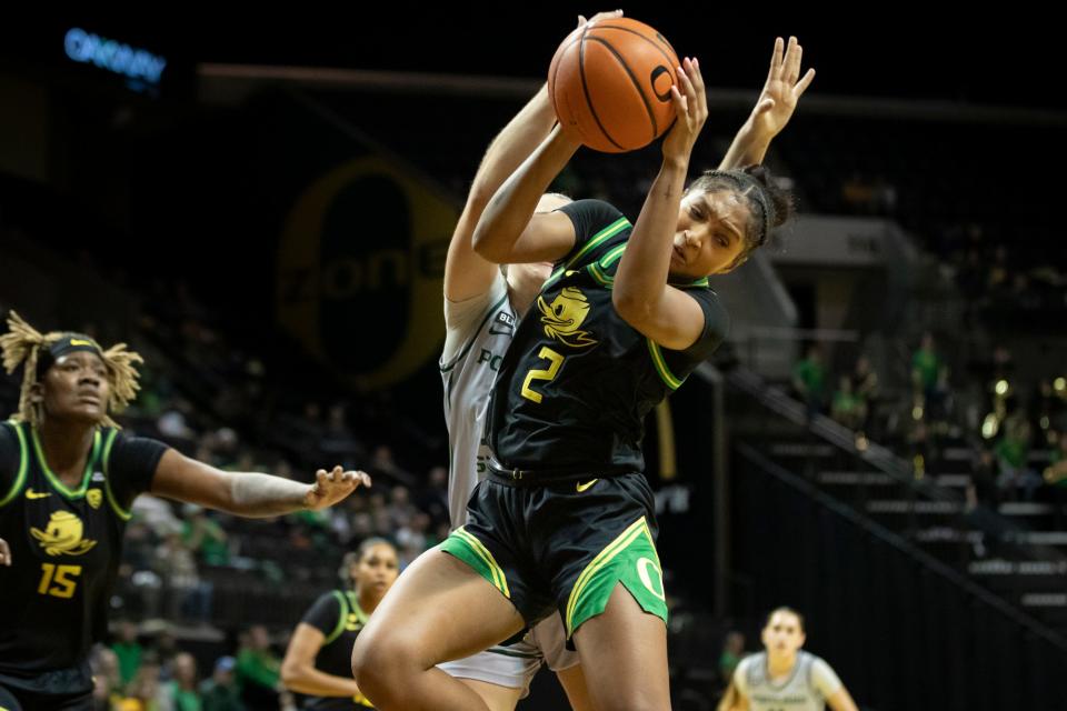 Oregon guard Chance Gray snags a rebound as the Oregon Ducks host Portland State Saturday, Dec. 9, 2023, at Matthew Knight Arena in Eugene, Ore.