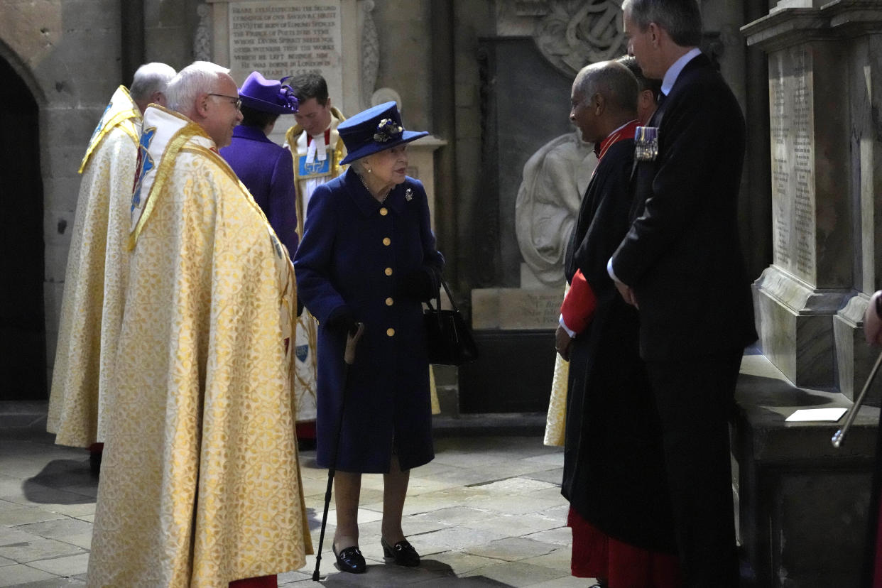 LONDON, ENGLAND - OCTOBER 12: Queen Elizabeth II attends a service of Thanksgiving to mark the centenary of The Royal British Legion at Westminster Abbey on October 12, 2021 in London, England. (Photo by Frank Augstein - WPA Pool/Getty Images)