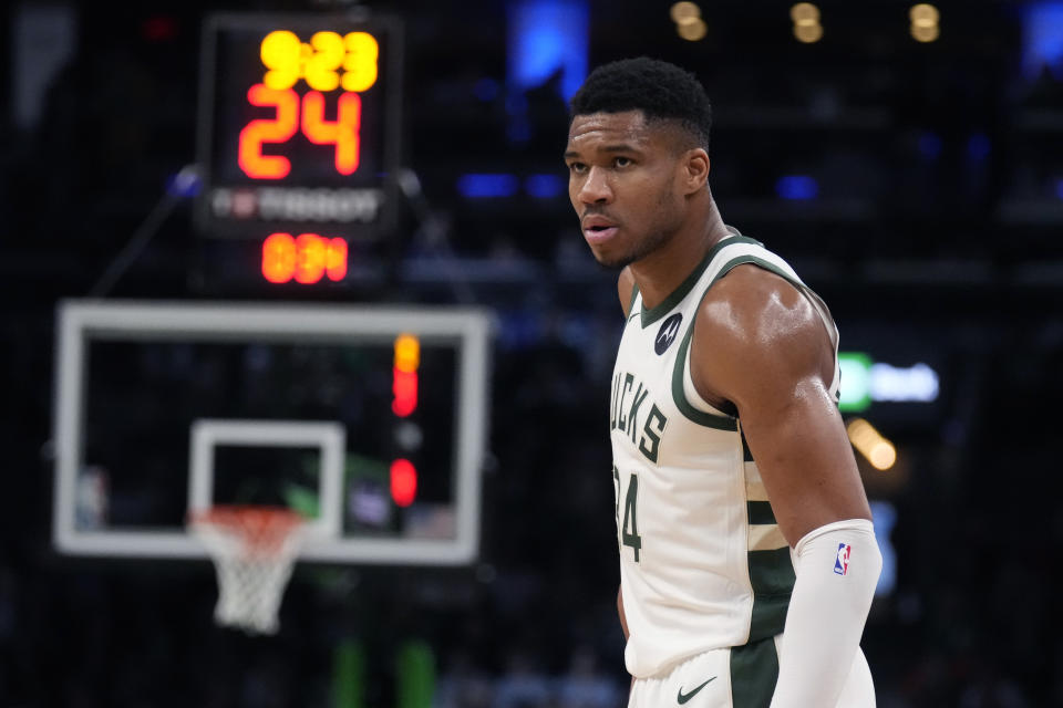 Milwaukee Bucks forward Giannis Antetokounmpo waits for play to resume during the first half of an NBA basketball game against the Boston Celtics, Wednesday, Nov. 22, 2023, in Boston. (AP Photo/Charles Krupa)