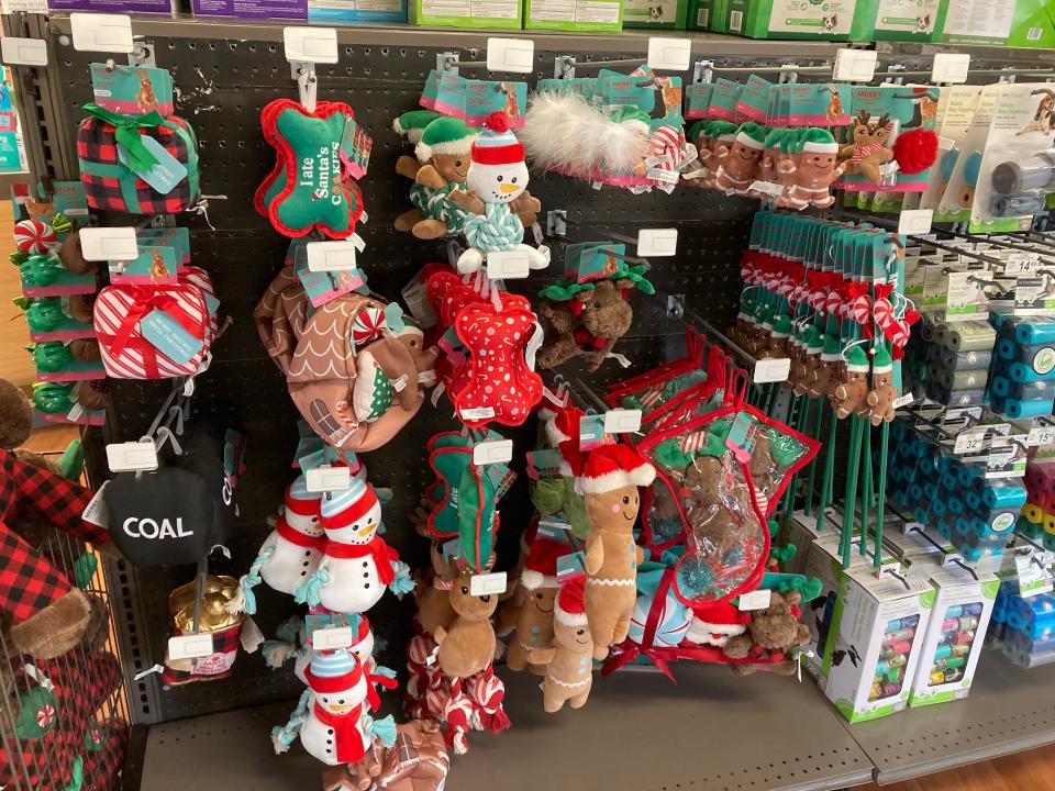Christmas-themed pet toys for sale at Petco.