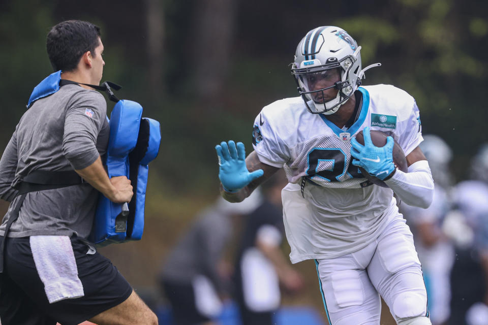 Carolina Panthers wide receiver Terrace Marshall Jr. runs after a catch during practice at the NFL football team's training camp in Spartanburg, S.C., Tuesday, Aug. 3, 2021. (AP Photo/Nell Redmond)