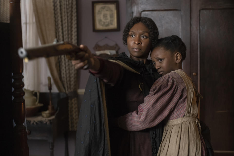 This image released by Focus Features shows Cynthia Erivo as Harriet Tubman, left, and Aria Brooks as Anger in a scene from "Harriet." (Glen Wilson/Focus Features via AP)