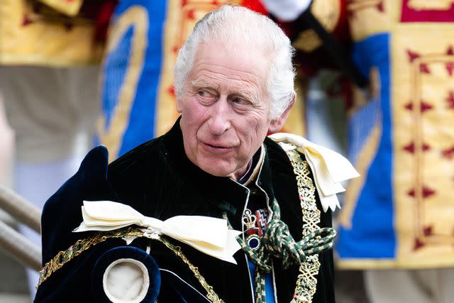 <p>Samir Hussein/WireImage</p> King Charles leaves the Scottish coronation celebration on July 5, 2023, in Edinburgh, Scotland.