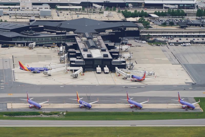 Southwest Airlines jets are parked at Baltimore Washington International Airport in Baltimore, Maryland