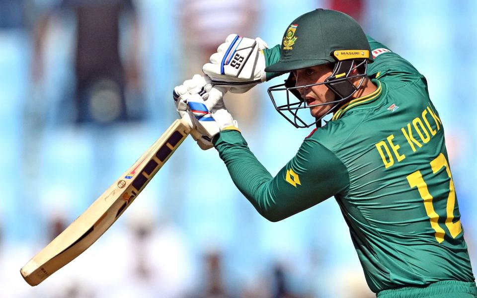 South Africa's Quinton de Kock plays a shot during the 2023 ICC Men's Cricket World Cup one-day international (ODI) match between Australia and South Africa at the Ekana Cricket Stadium in Lucknow