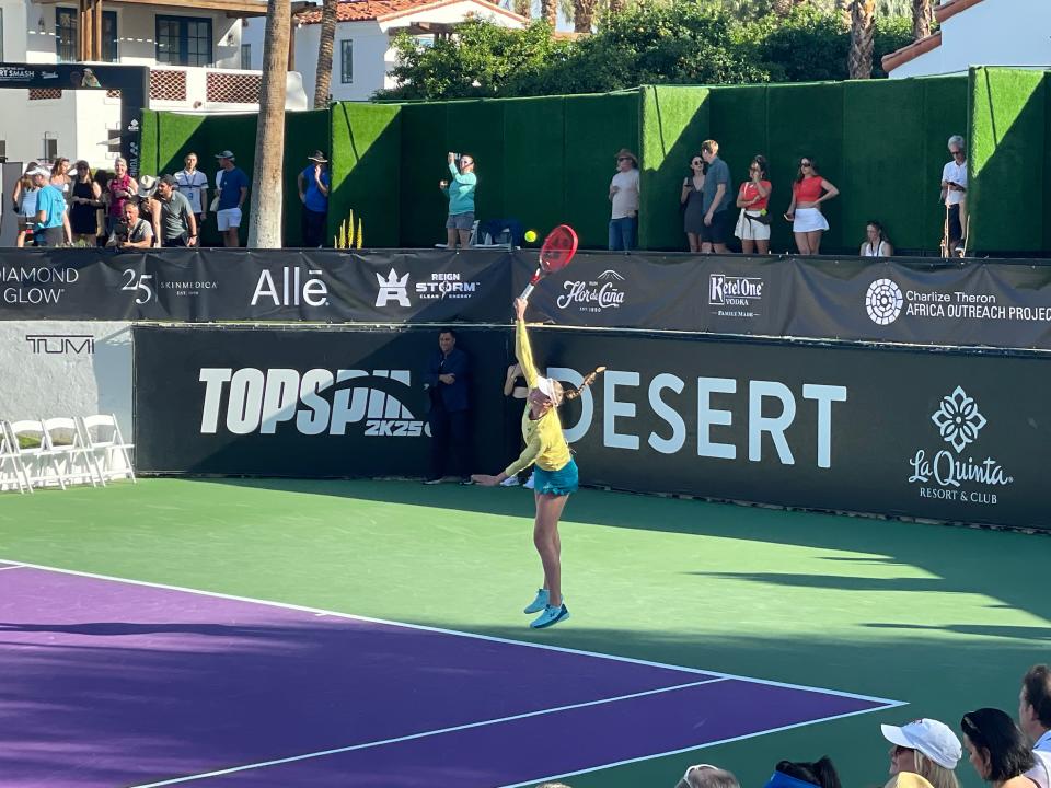 BNP Paribas Open women's reigning champion Elena Rybakina hits a serve at the Desert Smash celebrity charity event at the La Quinta Resort & Club on Tuesday, March 5, 2024.