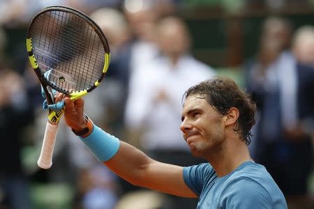 Tennis - French Open - Roland Garros - Rafael Nadal of Spain vs Facundo Bagnis of Argentina. - Paris, France - 26/05/16. Nadal reacts after he won. REUTERS/Pascal Rossignol