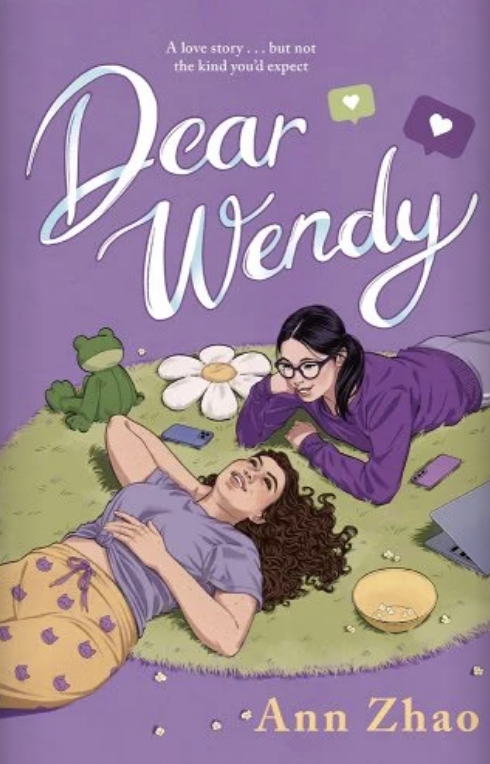 Cover of the book "Dear Wendy" by Ann Zhao. Two characters lie on a grassy area: one with curly hair, the other with glasses and a laptop