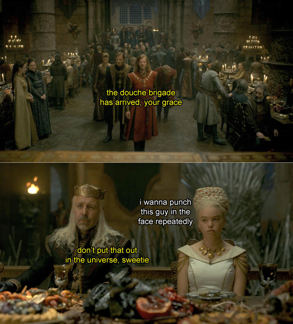 The start of the wedding dinner with fake dialogue, including "The douche brigade has arrived, your grace"