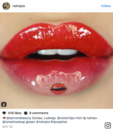 You can wear temporary tattoos as an adult with this fun Instagram eye makeup/ lip art trend. MUAs top the tatts with gloss to elevate the look.