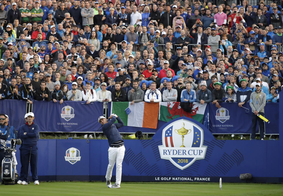 Brooks Koepka of the US plays from the 1st tee during a fourball match against Europe's Justin Rose and Jon Rahm on the opening day of the 42nd Ryder Cup at Le Golf National in Saint-Quentin-en-Yvelines, outside Paris, France, Friday, Sept. 28, 2018. (AP Photo/Matt Dunham)