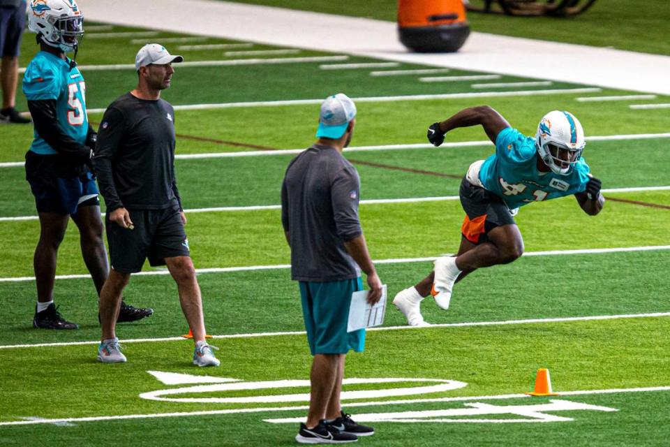 Miami Dolphins linebacker coach Anthony Campanile watches as linebacker Channing Tindall (41) sprints for a drill during Dolphins practice at Baptist Health Training Complex in Miami Gardens on Wednesday, October 26, 2022. Daniel A. Varela/dvarela@miamiherald.com